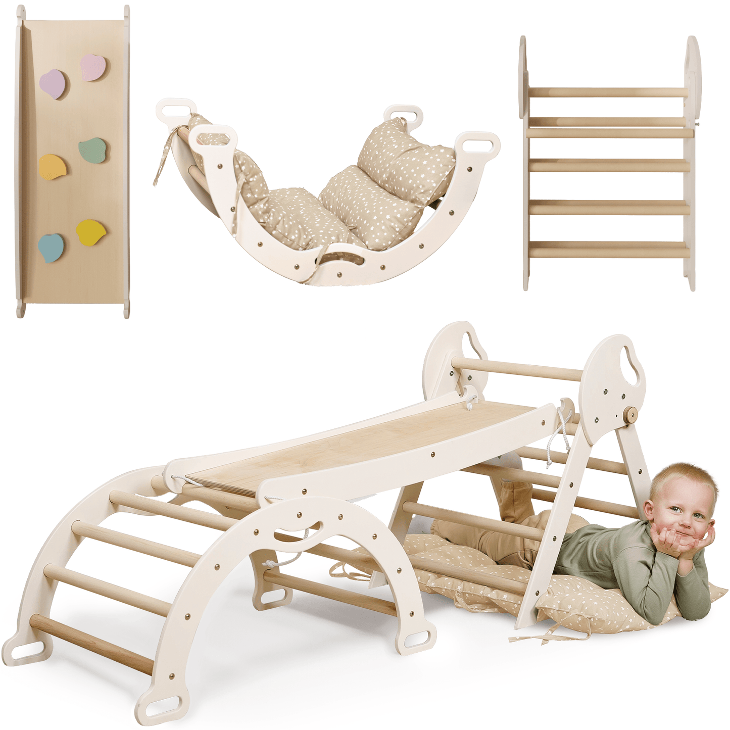 Montessori 4in1 Kletterdreieck für Babys: Pikler-Dreieck, Kletterbogen, Rutschbrett und Kissen für Kleinkinder (1–3 Jahre) - DromedarShop.com Online Boutique