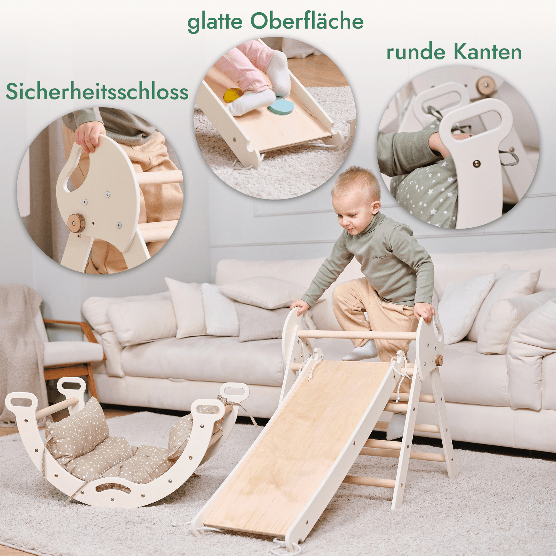 Montessori 4in1 Kletterdreieck für Babys: Pikler-Dreieck, Kletterbogen, Rutschbrett und Kissen für Kleinkinder (1–3 Jahre) - DromedarShop.com Online Boutique