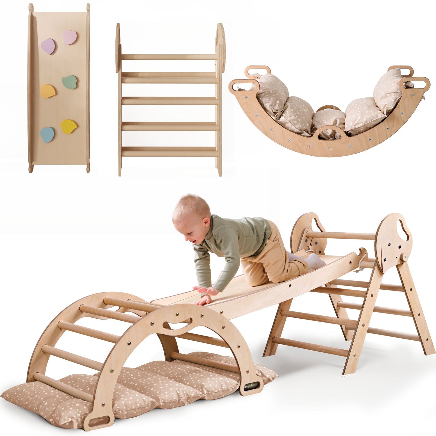 Montessori 4in1 Kletterdreieck für Babys: Pikler-Dreieck, Kletterbogen, Rutschbrett und Kissen für Kleinkinder (1–3 Jahre) - DromedarShop.com Online Boutique