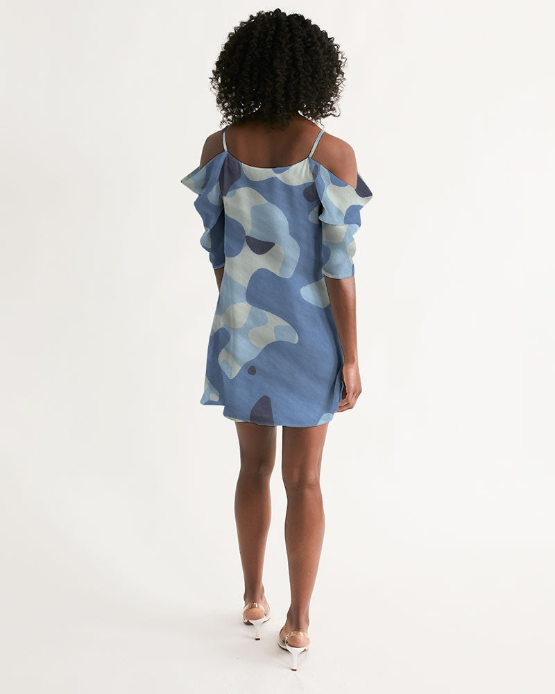 Blue Maniac Camouflage Women's Open Shoulder A-Line Dress DromedarShop.com Online Boutique