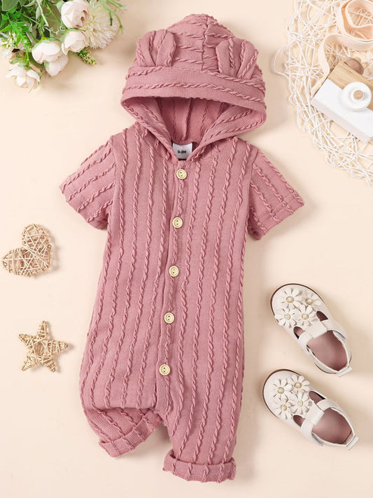 Baby Textured Button Front Hooded Jumpsuit with Ears - DromedarShop.com Online Boutique