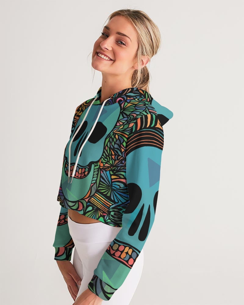 Aztec-Inka Collection Mexican Colorful Skull Women's Cropped Hoodie DromedarShop.com Online Boutique