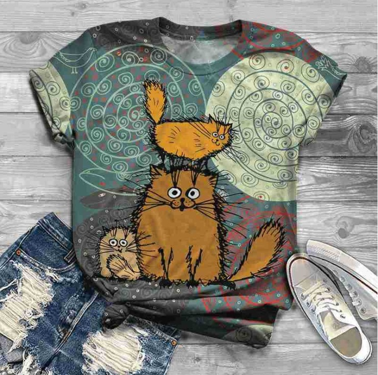 Women Cat Printed O-Neck T-Shirt DromedarShop.com Online Boutique