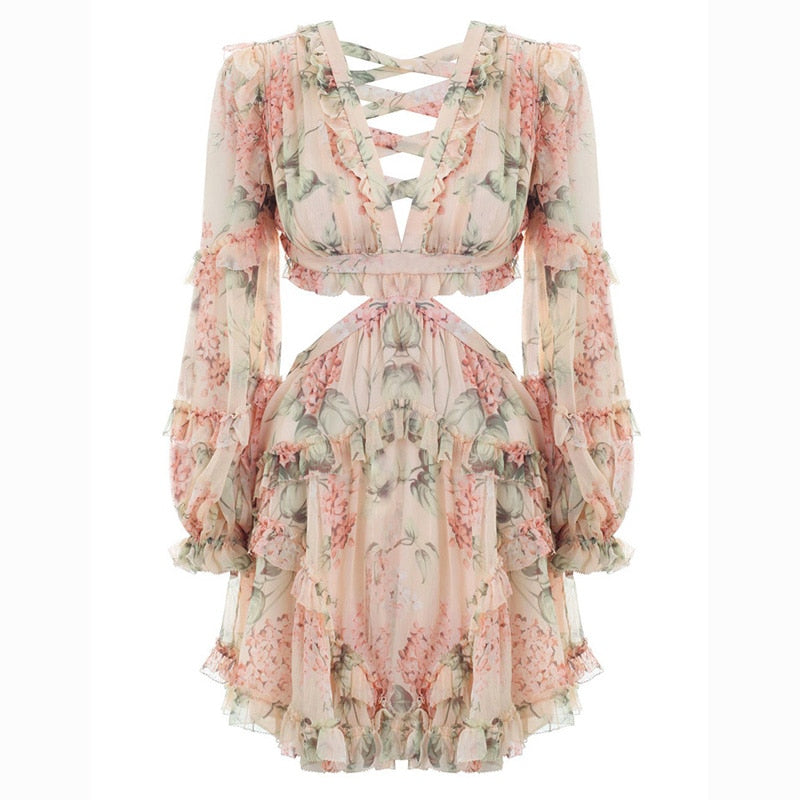 High Quality  Summer V-neck  Long Sleeve Floral Print Mini Dress DromedarShop.com Online Boutique