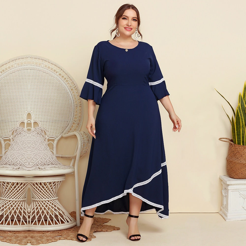 Plus Size Women Lace Splicing Round Neck Mid Sleeved Dress - DromedarShop.com Online Boutique