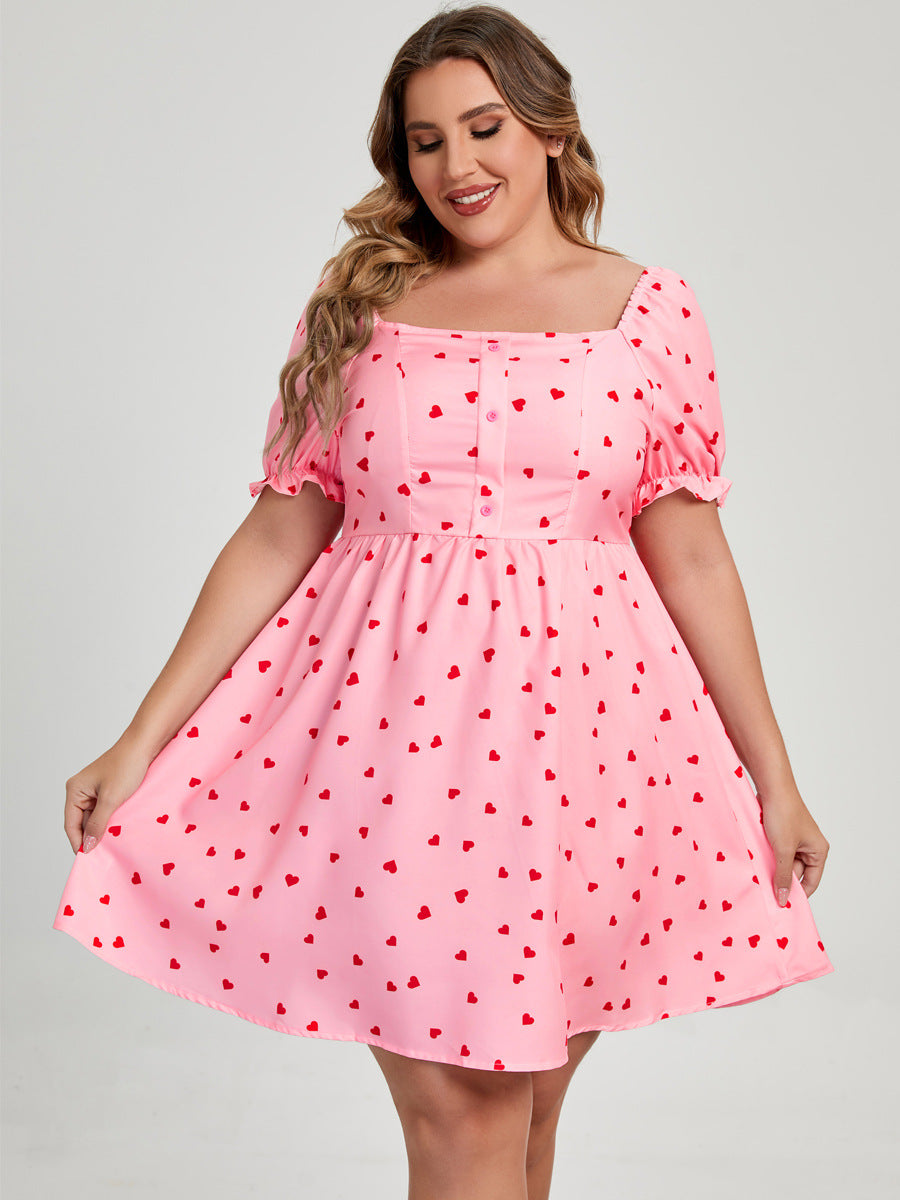 Pink Commuter Square Collar Plus Size Women's Love Printed Dress - DromedarShop.com Online Boutique