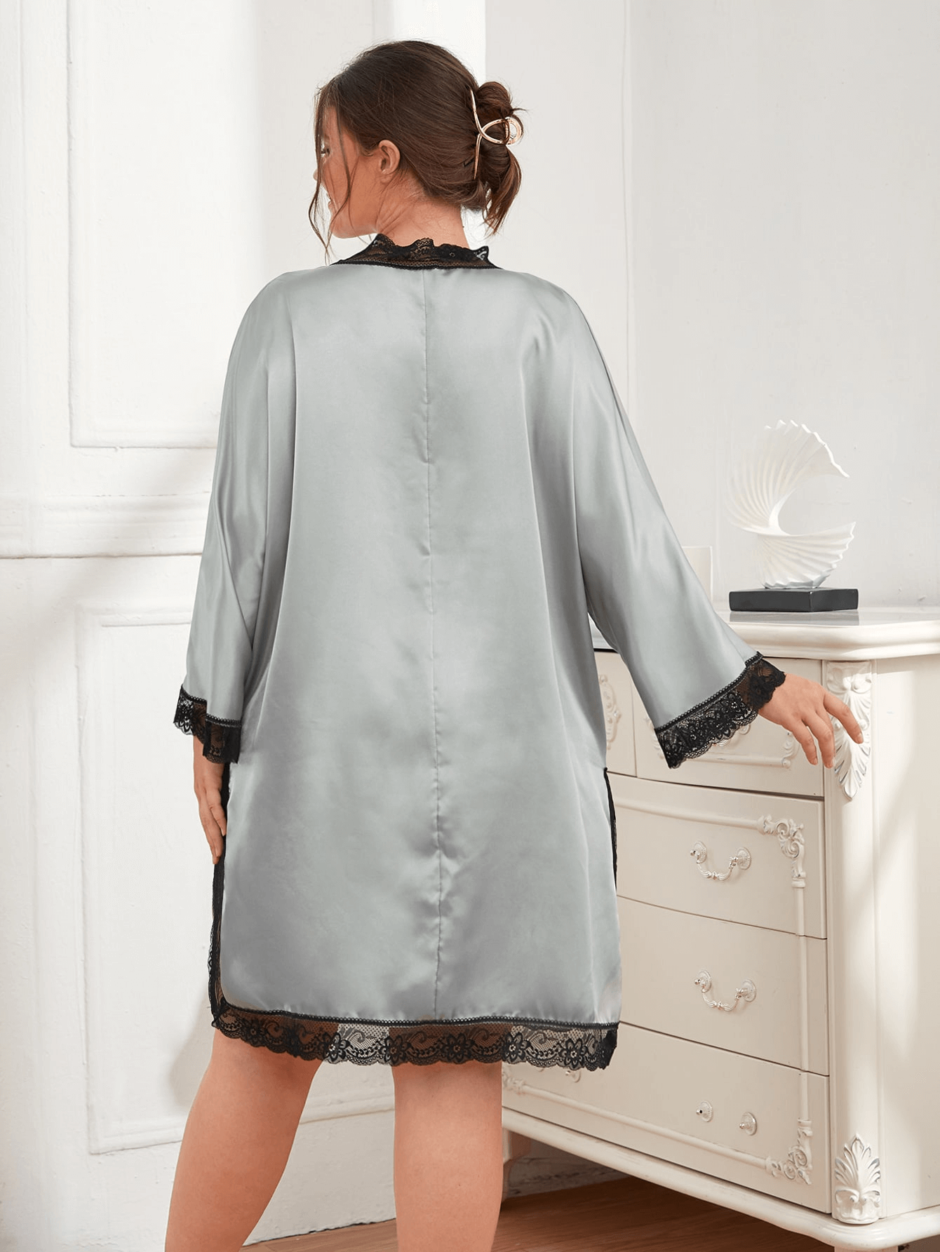 Plus Size Contrast Spliced Lace Deep V Slit Night Dress DromedarShop.com Online Boutique