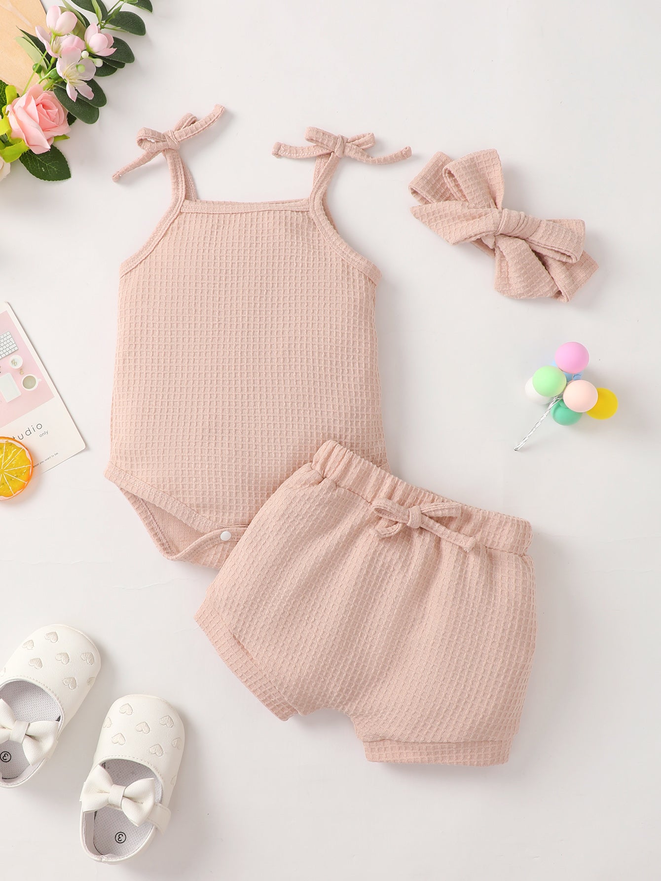 Baby Girl Waffle-Knit Tie-Shoulder Top and Shorts Set - DromedarShop.com Online Boutique