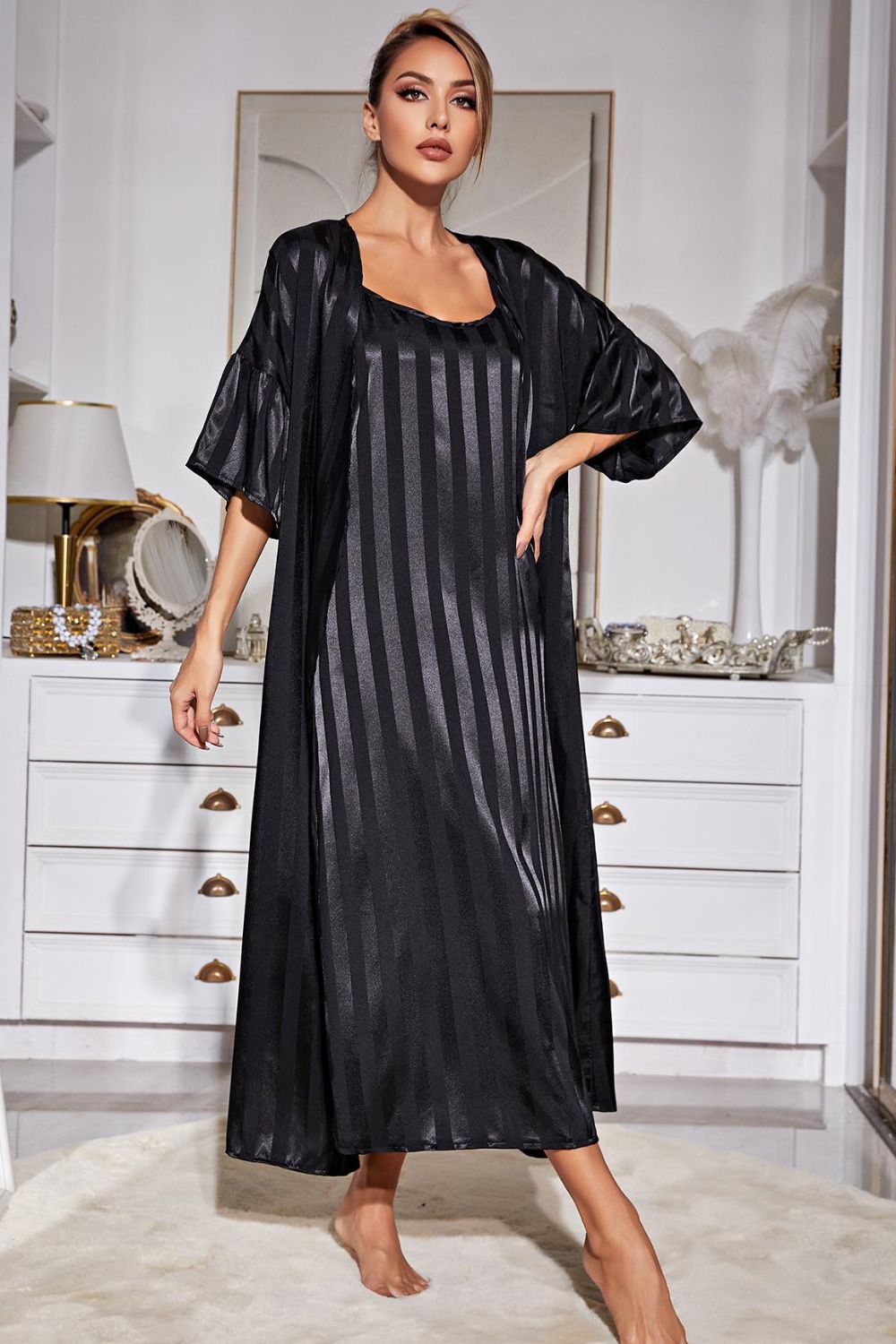Striped Flounce Sleeve Open Front Robe and Cami Dress Set DromedarShop.com Online Boutique