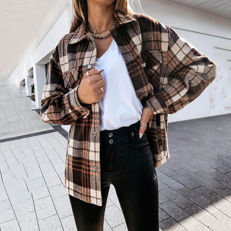 Women Plaid Jacket Long Sleeve Shirt - DromedarShop.com Online Boutique