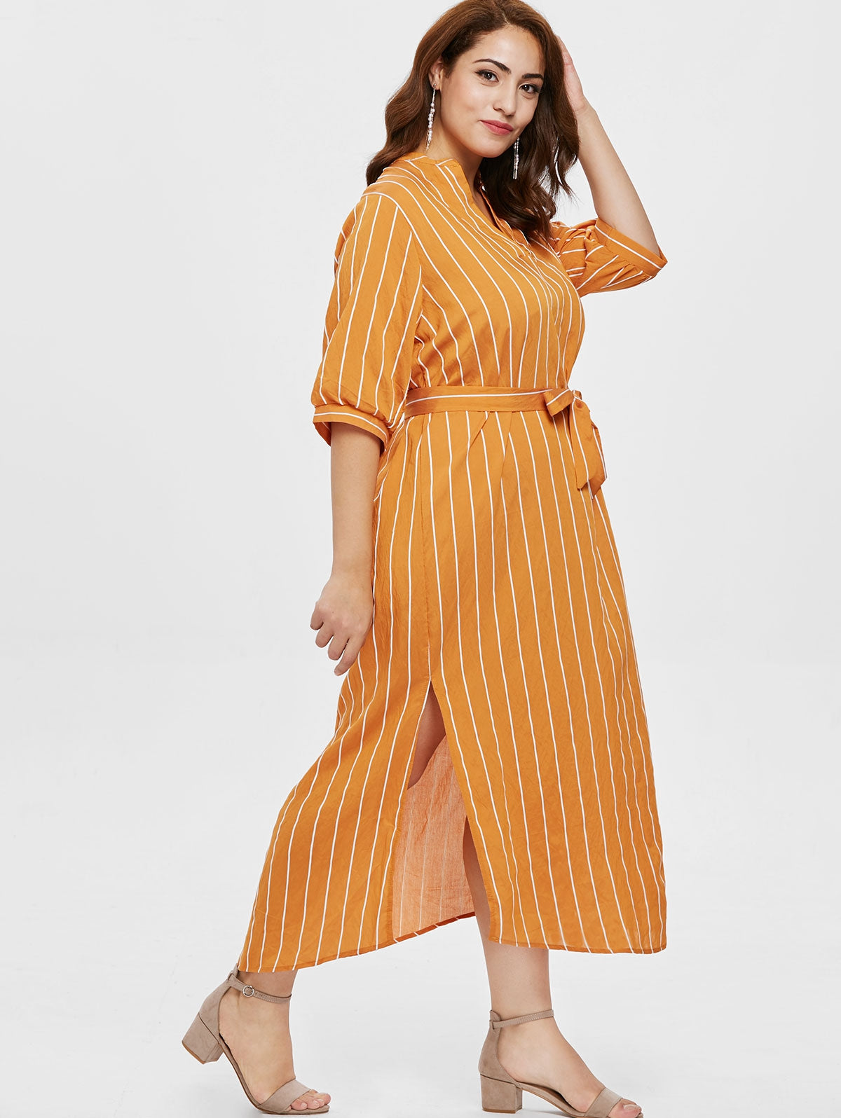 Women Plus Size Half Sleeve Striped Ankle Length Dress - DromedarShop.com Online Boutique