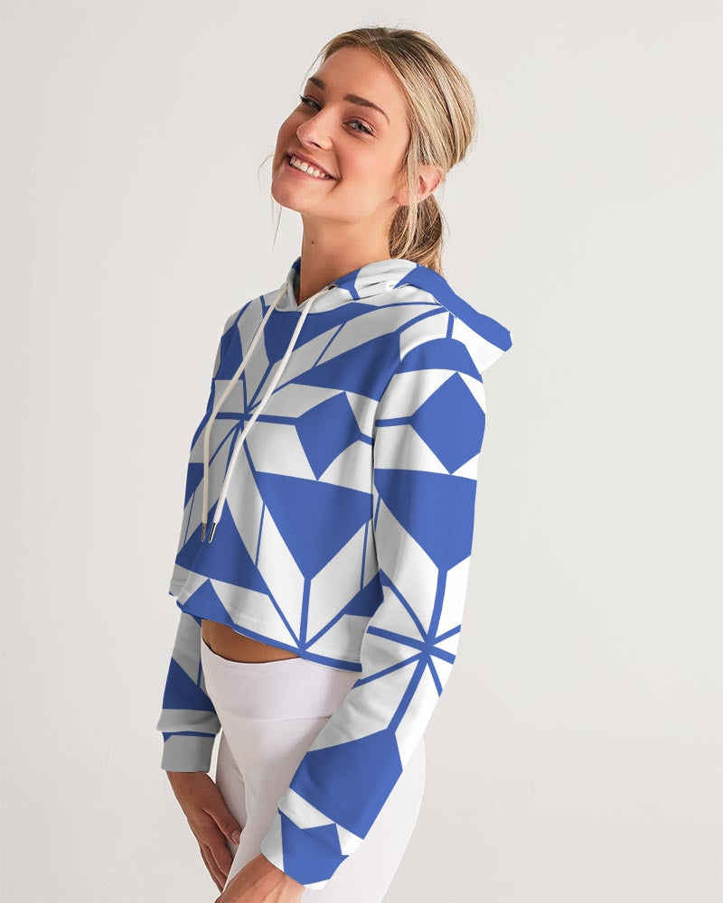Aztec-Inca Collection Aztec Blue and White pattern Women's Cropped Hoodie DromedarShop.com Online Boutique
