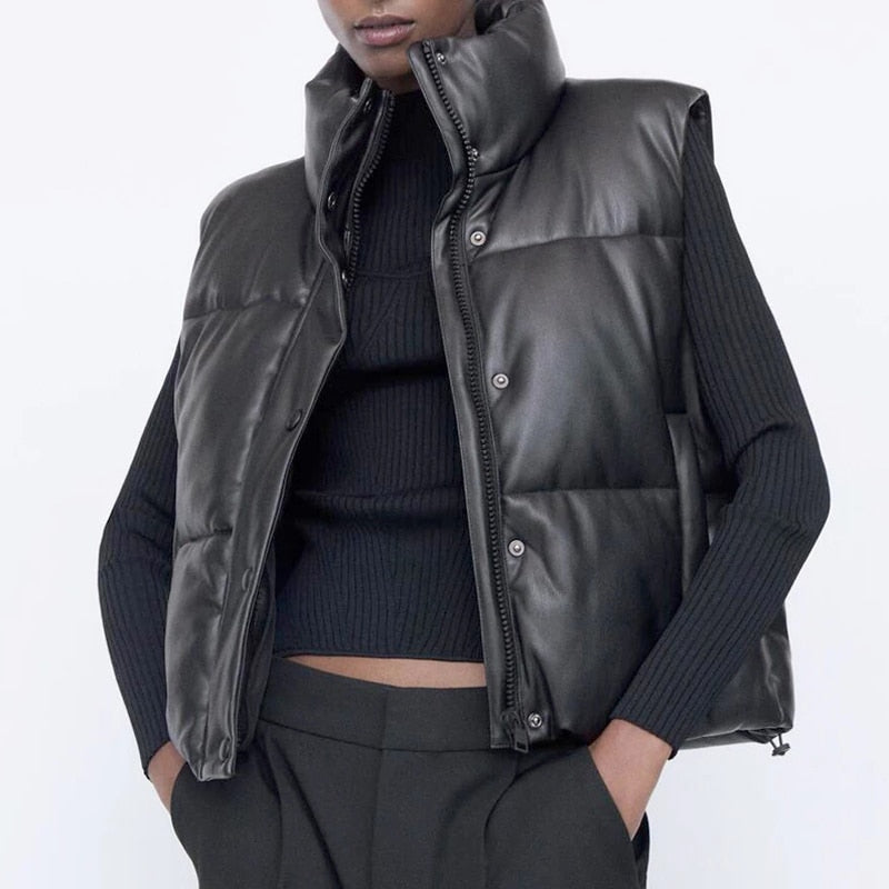 Women Black Warm Faux Leather Vest DromedarShop.com Online Boutique