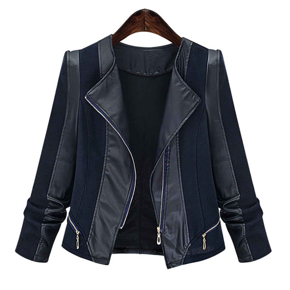 Plus Size Chic Zipped Leather Patchwork Jacket For Women DromedarShop.com Online Boutique