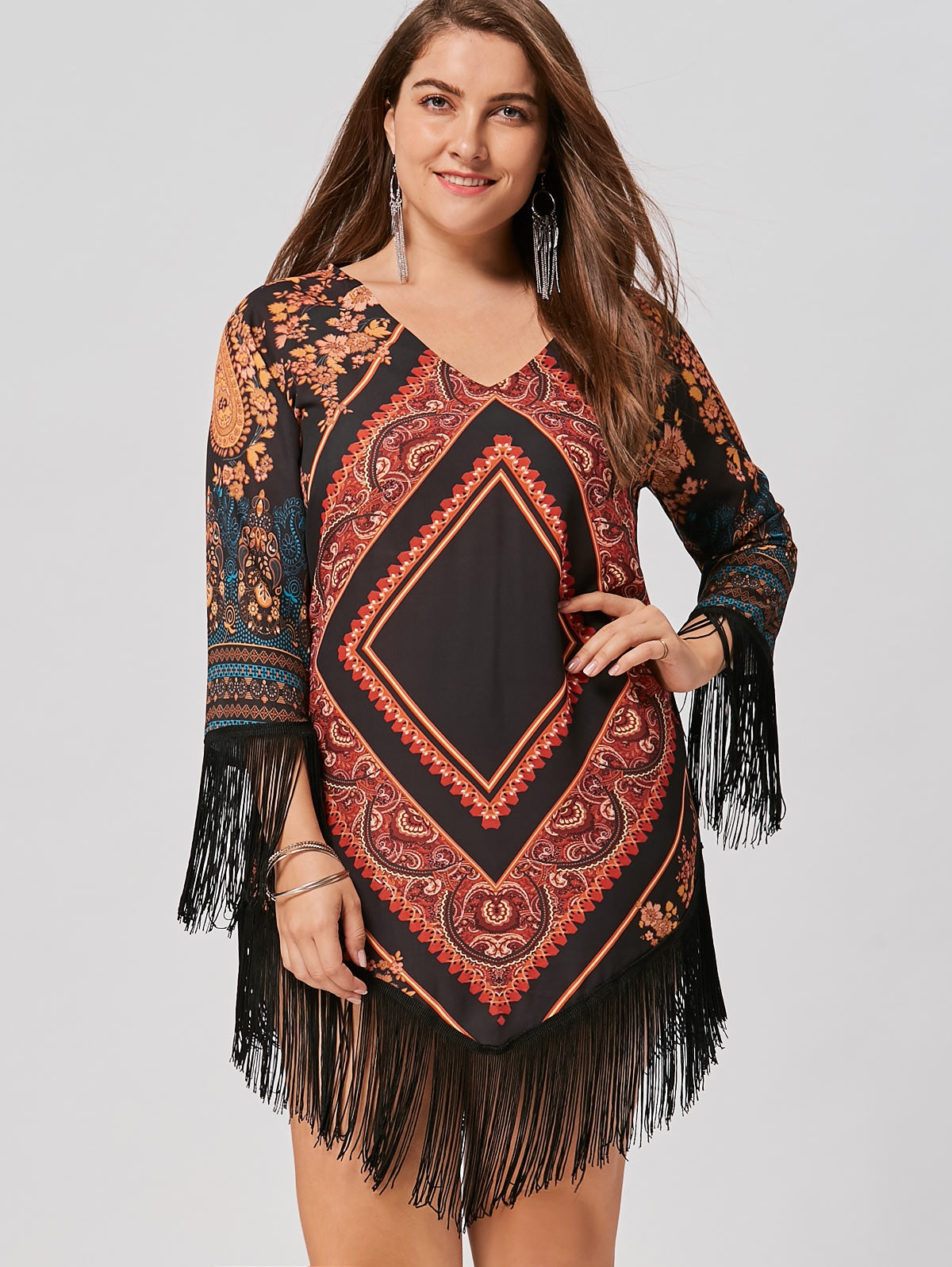 Plus Size Tribal Printed Chiffon Tassel Dress DromedarShop.com Online Boutique