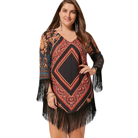 Plus Size Tribal Printed Chiffon Tassel Dress DromedarShop.com Online Boutique