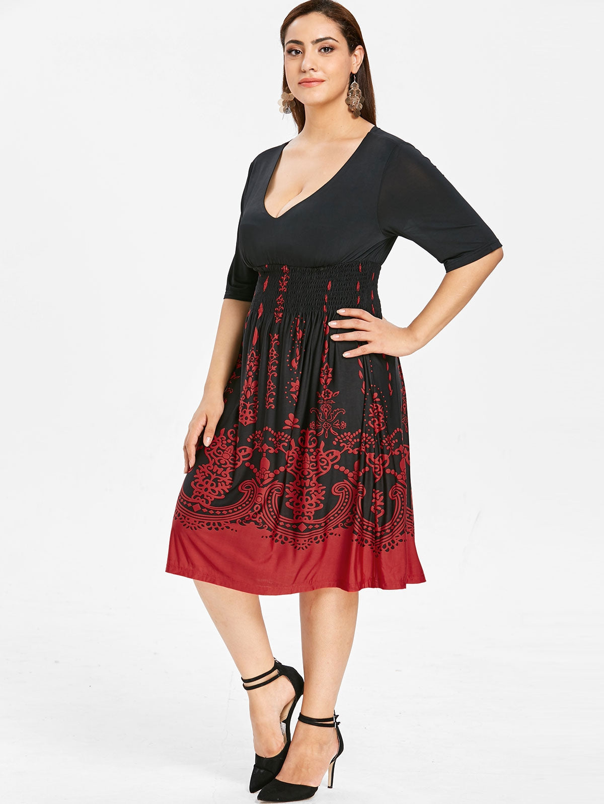 Plus Size Shirred Graphic Dress DromedarShop.com Online Boutique
