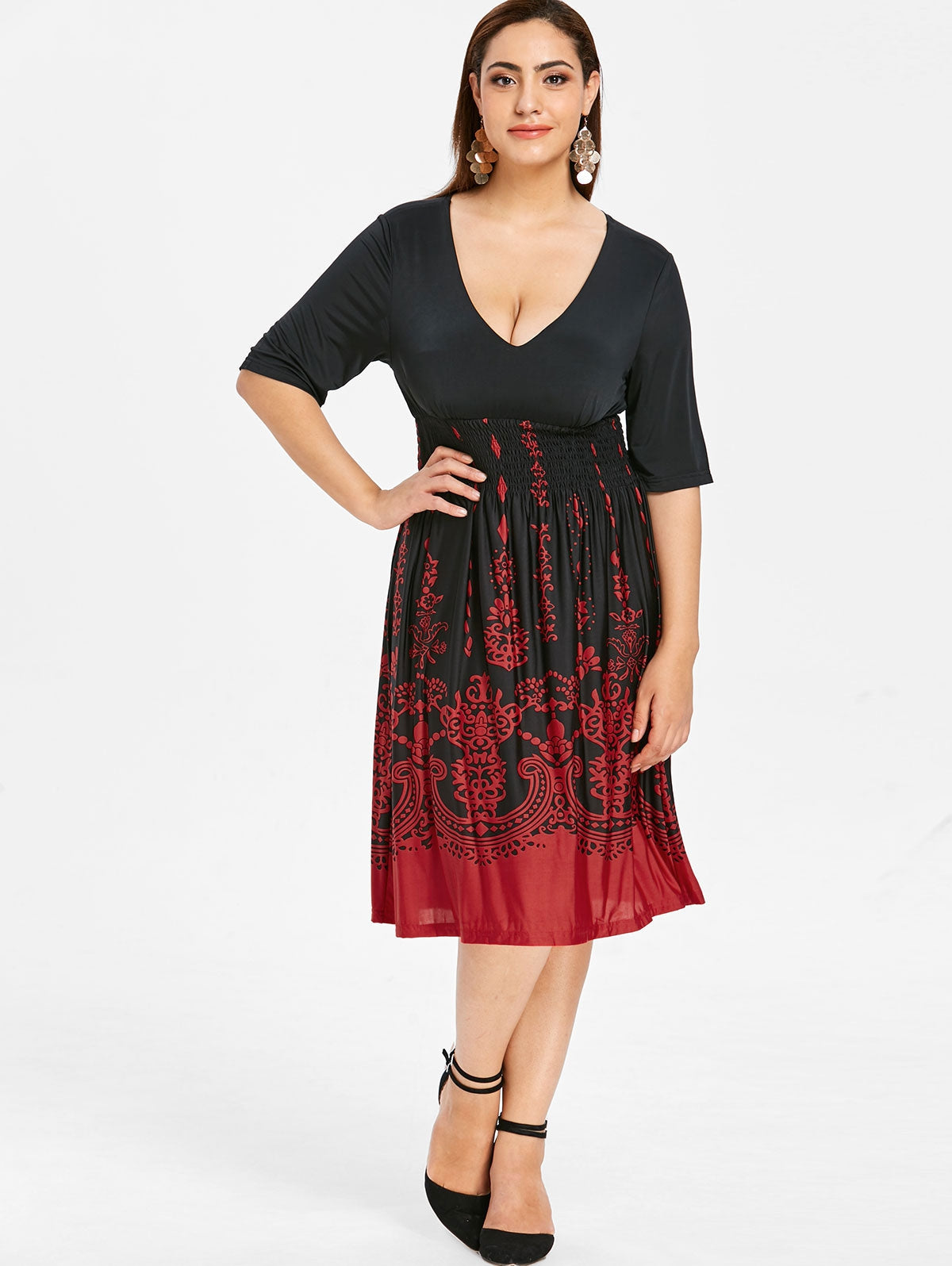 Plus Size Shirred Graphic Dress DromedarShop.com Online Boutique
