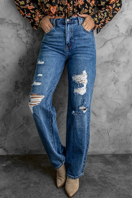 Distressed High Waist Jeans with Pockets - DromedarShop.com Online Boutique