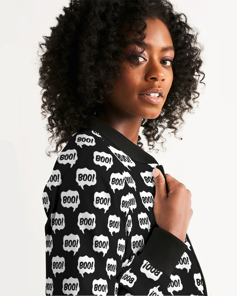 Black Halloween BOO Pattern Women's Bomber Jacket DromedarShop.com Online Boutique