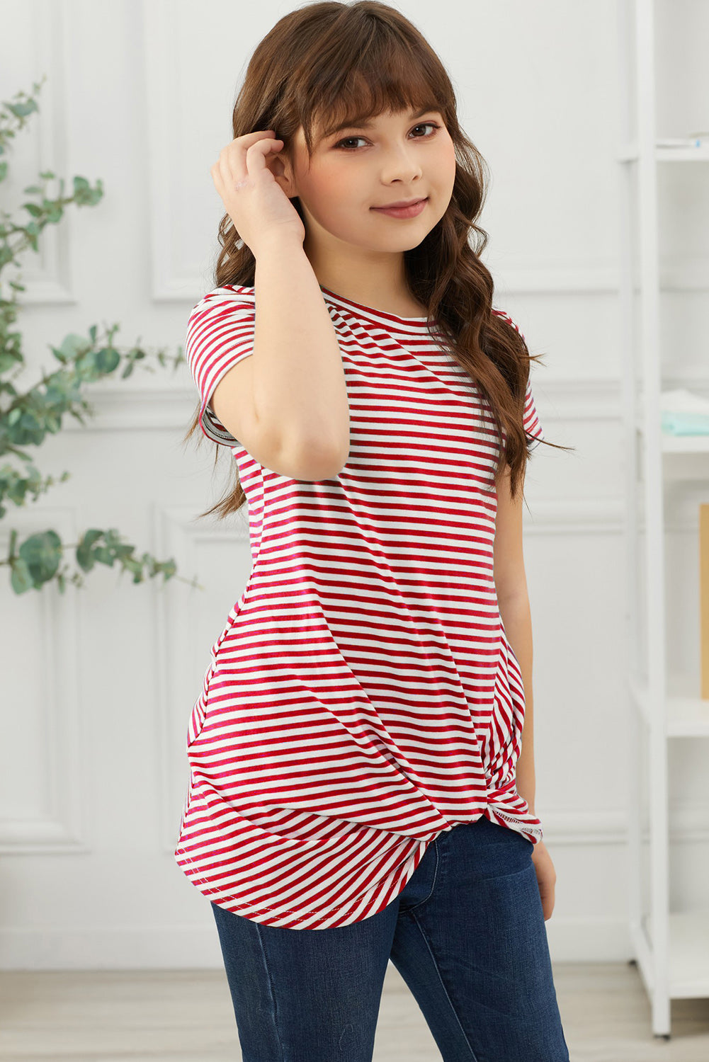 Girls Striped Round Neck Twisted Tee Shirt - DromedarShop.com Online Boutique