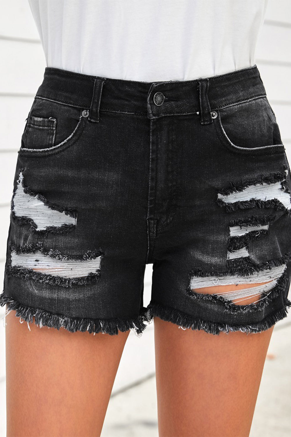 Raw Hem Distressed Denim Shorts with Pockets - DromedarShop.com Online Boutique