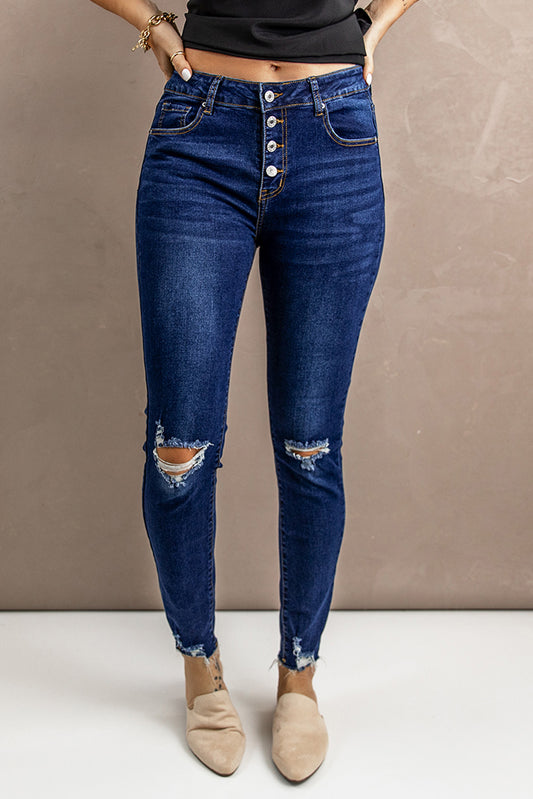 Distressed Button Fly Skinny Jeans - DromedarShop.com Online Boutique
