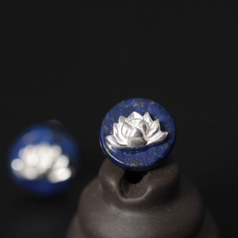 S925 Pure Silver Stud Earrings for Women, Handmade Lapis Lazuli Lotus Round DromedarShop.com Online Boutique