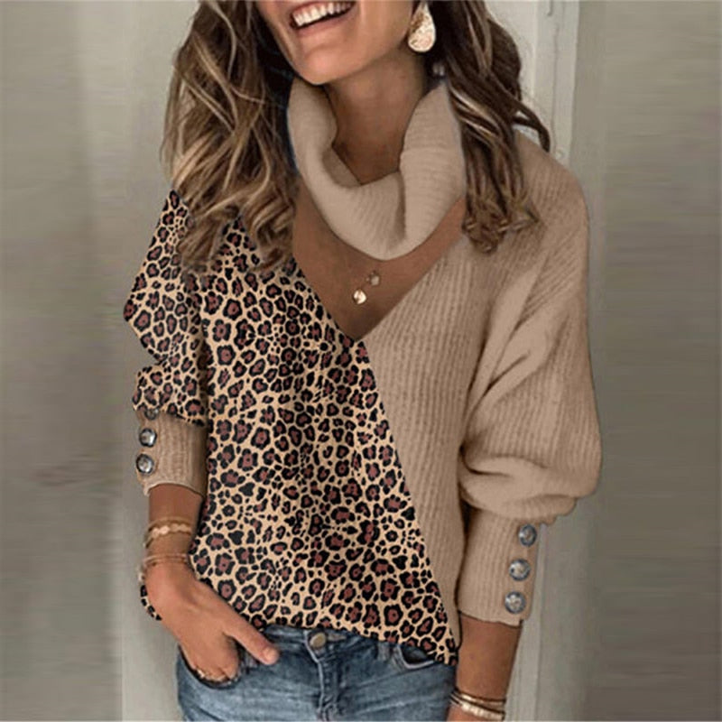 Women Knitted Leopard Patchwork  Pullover DromedarShop.com Online Boutique