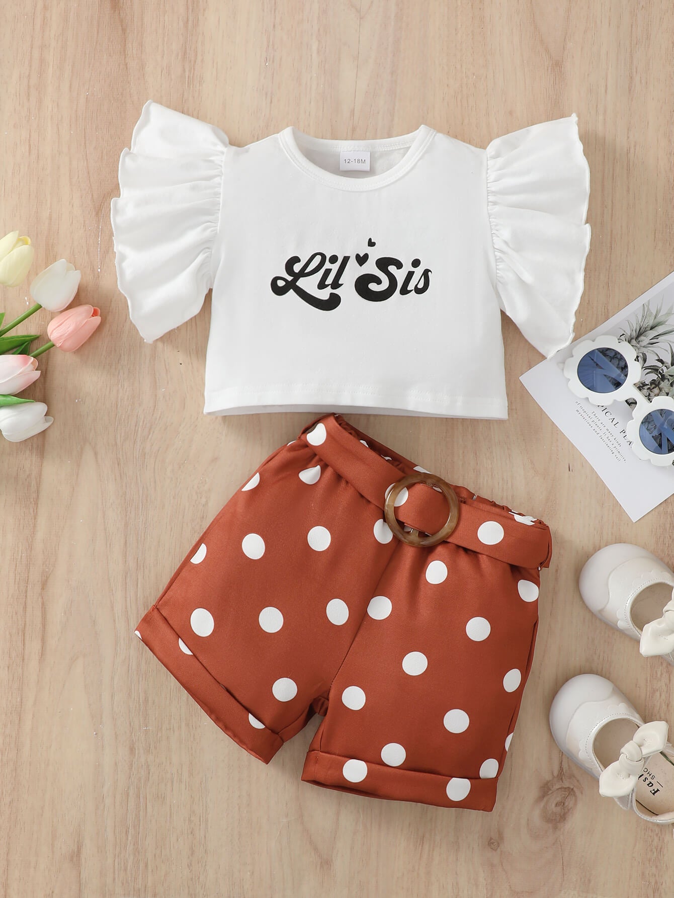 Girls Graphic Butterfly Sleeve Top and Polka Dot Shorts Set - DromedarShop.com Online Boutique