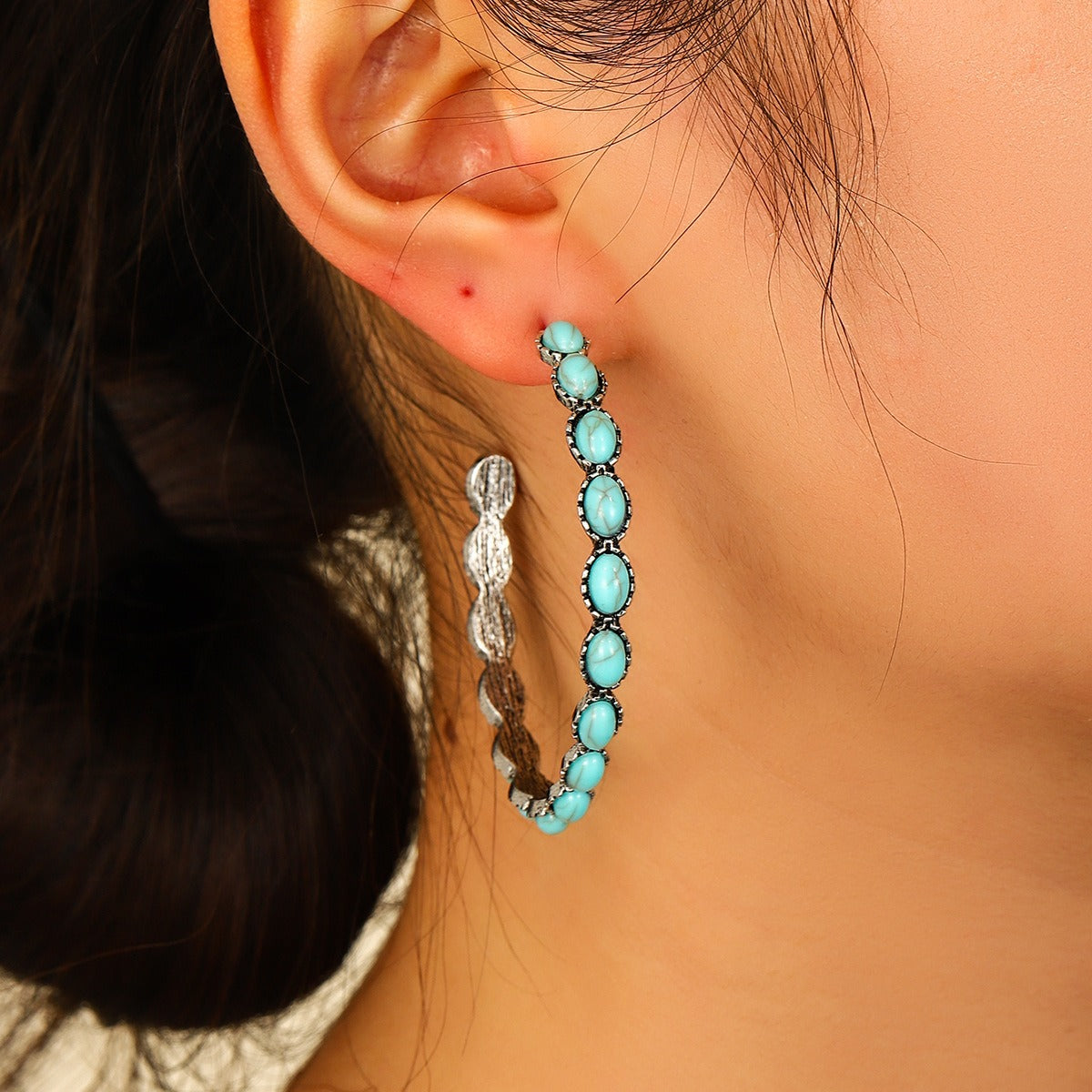 Turquoise Large Circle C-shaped Turquoise Earrings - DromedarShop.com Online Boutique