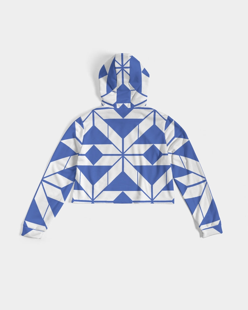 Aztec-Inca Collection Aztec Blue and White pattern Women's Cropped Hoodie DromedarShop.com Online Boutique