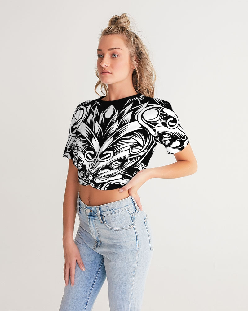 Maori Mask Collection Women's Twist-Front Cropped Tee DromedarShop.com Online Boutique