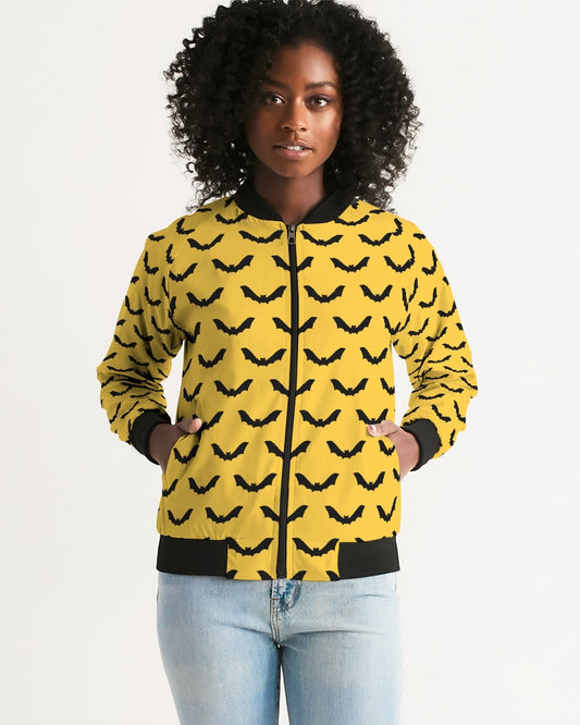 Yellow Halloween Bats Pattern Women's Bomber Jacket DromedarShop.com Online Boutique
