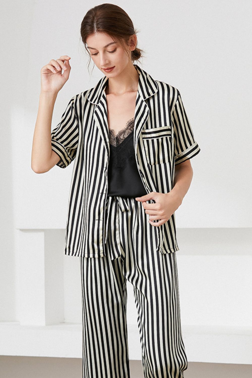 Striped Short Sleeve Shirt, Pants, and Cami Pajama Set DromedarShop.com Online Boutique