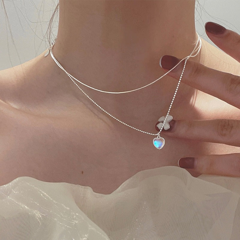 Moonstone Gradient Gemstone Heart-Shaped Collarbone Pendant and Necklace - DromedarShop.com Online Boutique