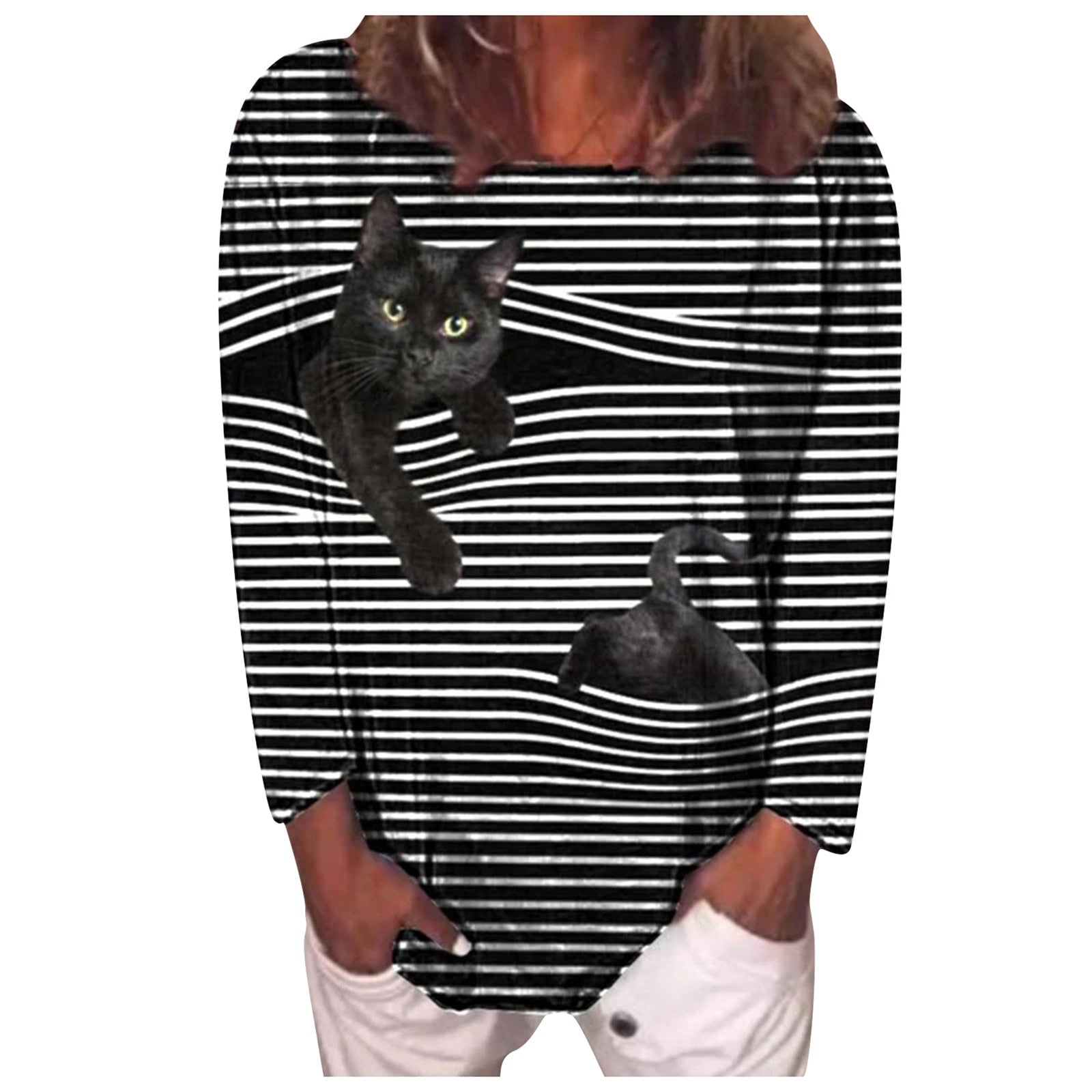 Women Blouse Long Sleeve 3d Cat Printed O-neck Tops DromedarShop.com Online Boutique