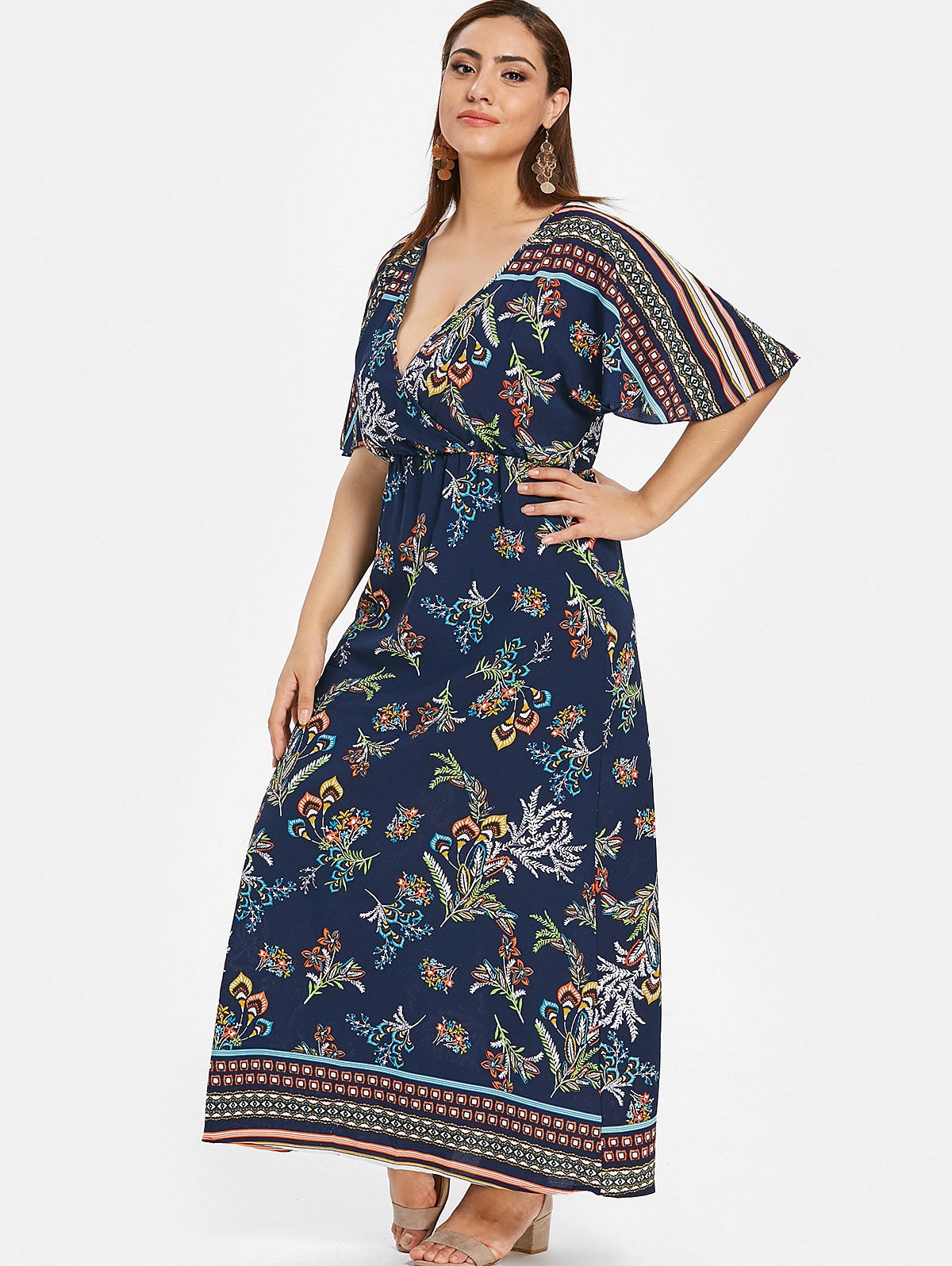 Plus Size Floral Print Maxi Surplice Dress - DromedarShop.com Online Boutique