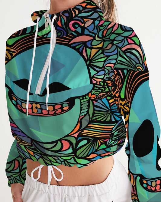 Aztec-Inka Collection Mexican Colorful Skull  Women's Cropped Windbreaker DromedarShop.com Online Boutique