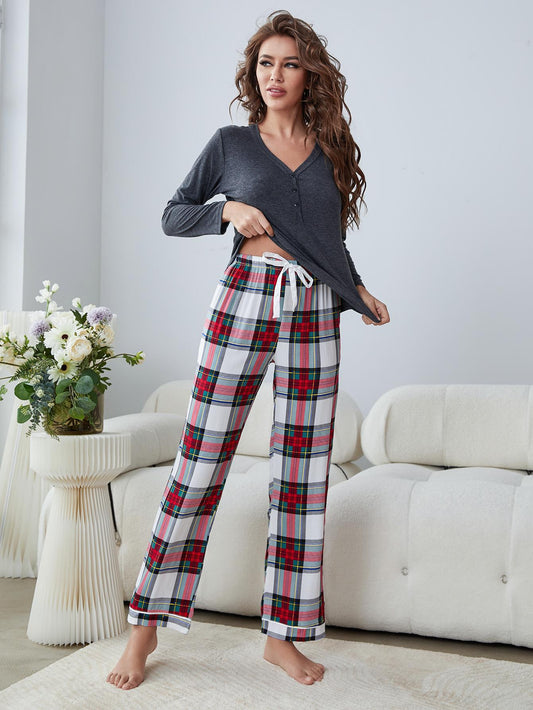 Buttoned Long Sleeve Top and Plaid Pants Lounge Set - DromedarShop.com Online Boutique