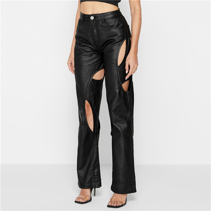 Women's Fashion High Waist Casual Straight Slim Hollow Faux Leather Pants - DromedarShop.com Online Boutique