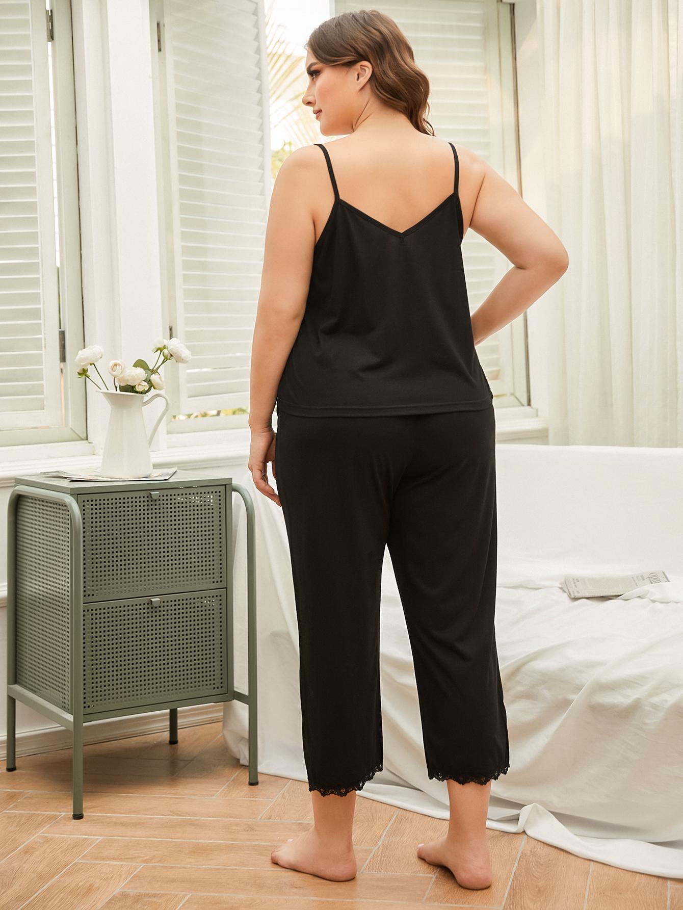 Plus Size Lace Trim Slit Cami and Pants Pajama Set DromedarShop.com Online Boutique