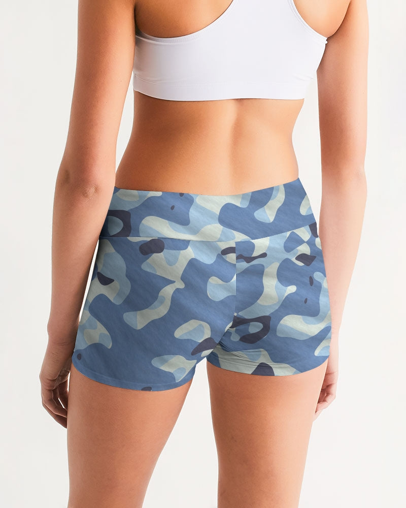 Blue Maniac Camouflage Women's Mid-Rise Yoga Shorts DromedarShop.com Online Boutique