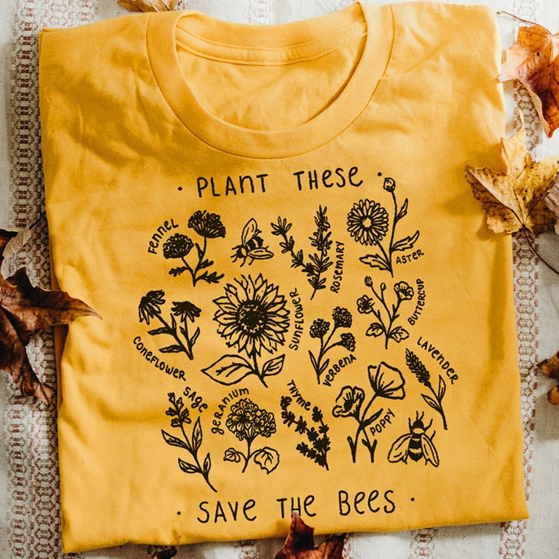 Women Plant These Save The Bees T-Shirt Cotton Wildflower Graphic Tees DromedarShop.com Online Boutique