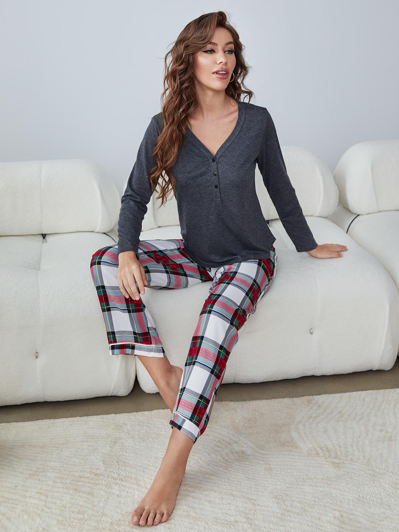 Buttoned Long Sleeve Top and Plaid Pants Lounge Set - DromedarShop.com Online Boutique
