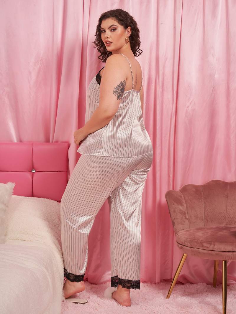 Plus Size Vertical Stripe Lace Trim Cami and Pants Pajama Set DromedarShop.com Online Boutique