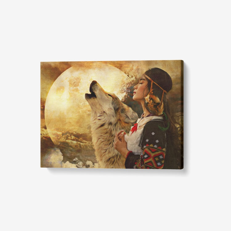 North American Indian Woman and She's Wolf Canvas Wall Art DromedarShop.com Online Boutique