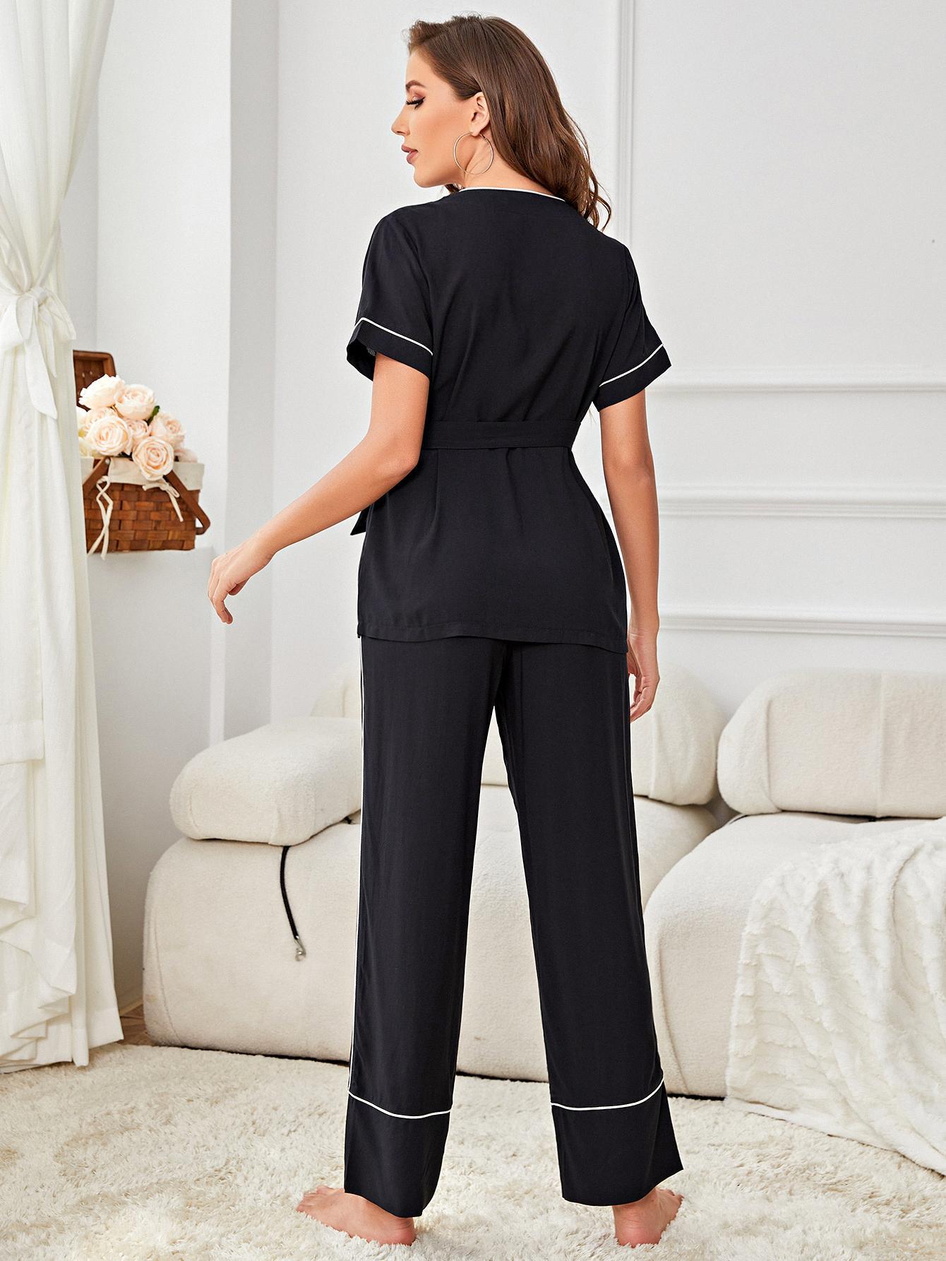 Contrast Piping Belted Top and Pants Pajama Set DromedarShop.com Online Boutique