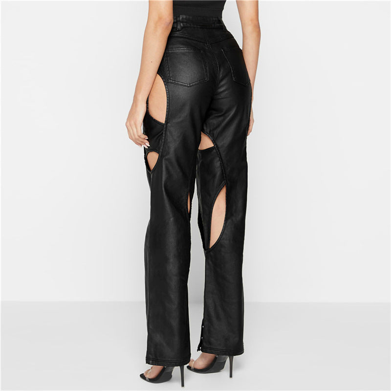 Women's Fashion High Waist Casual Straight Slim Hollow Faux Leather Pants - DromedarShop.com Online Boutique