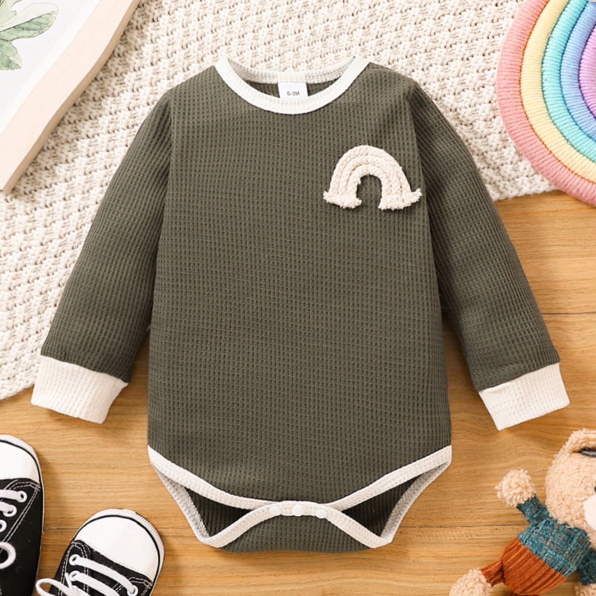 Baby Contrast Trim Waffle-Knit Long Sleeve Bodysuit - DromedarShop.com Online Boutique